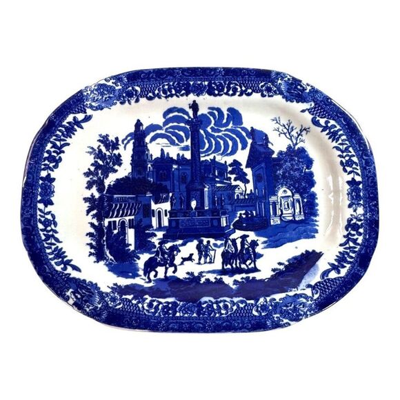 Antique Victoria Ware Ironstone Flow Blue Fox Hunting Horses Hound Platter 17" - Picture 1 of 7